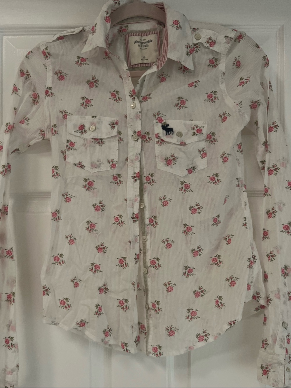 Abercrombie & Fitch White Button-Up Top with Pink Floral Print